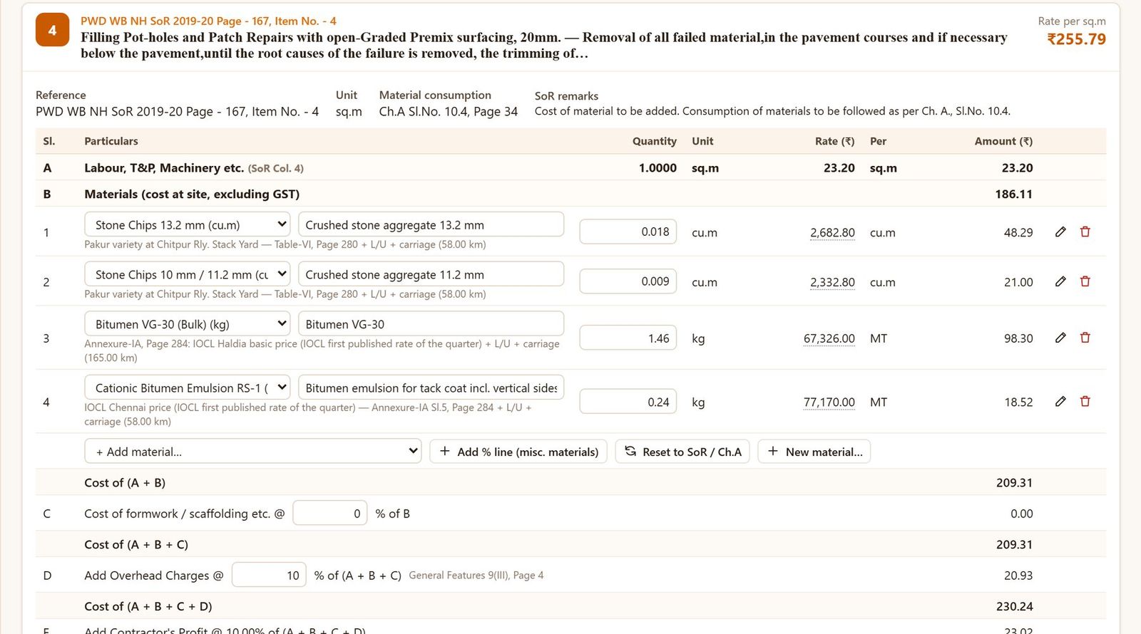 Rate analysis with materials at site