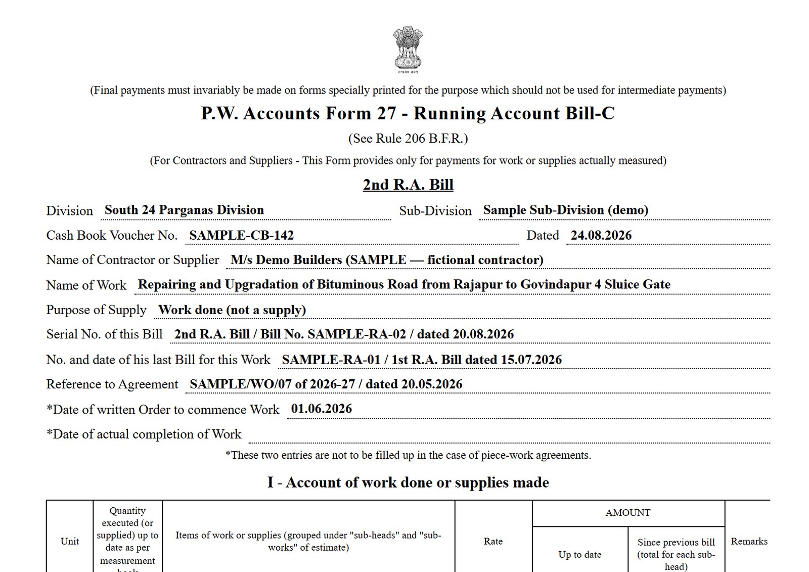Running Account Bill, P.W. Accounts Form 27